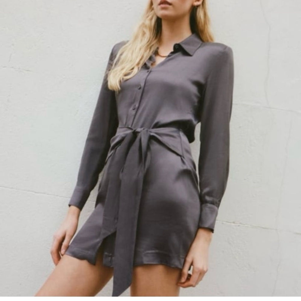 ZARA sz M Knotted Satin Effect Shirt Dress dark Grey NWT